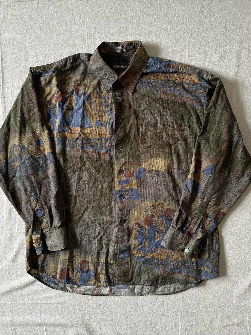Vintage ECCOLO Egyptian Hieroglyphic Button Up Shirt Mens Large